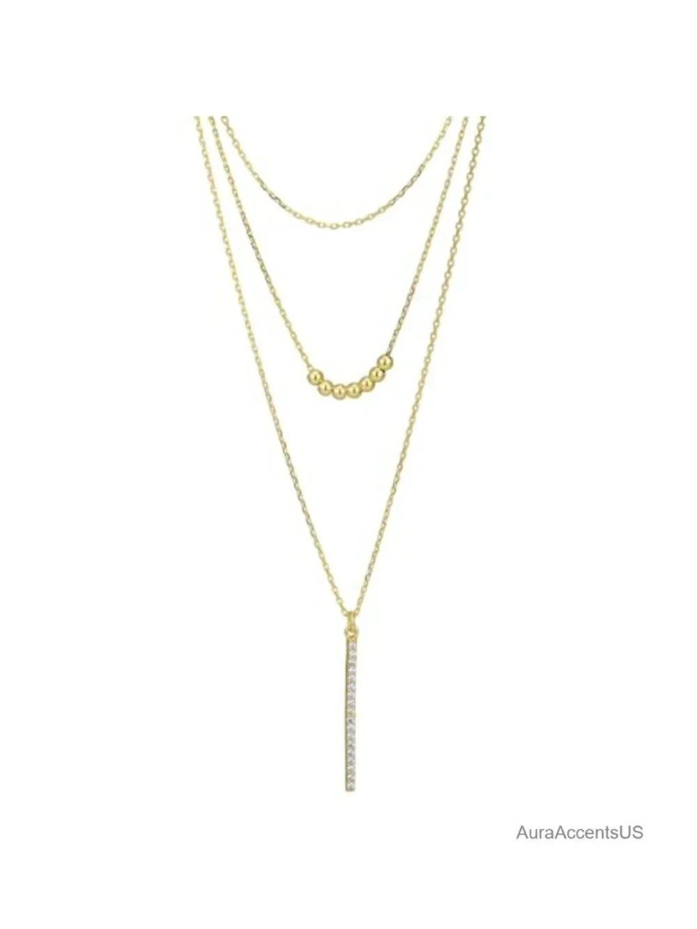 18K Gold Plated Multi-Layer Chain Necklace with Bar Pendant & Cubic Zirconia,